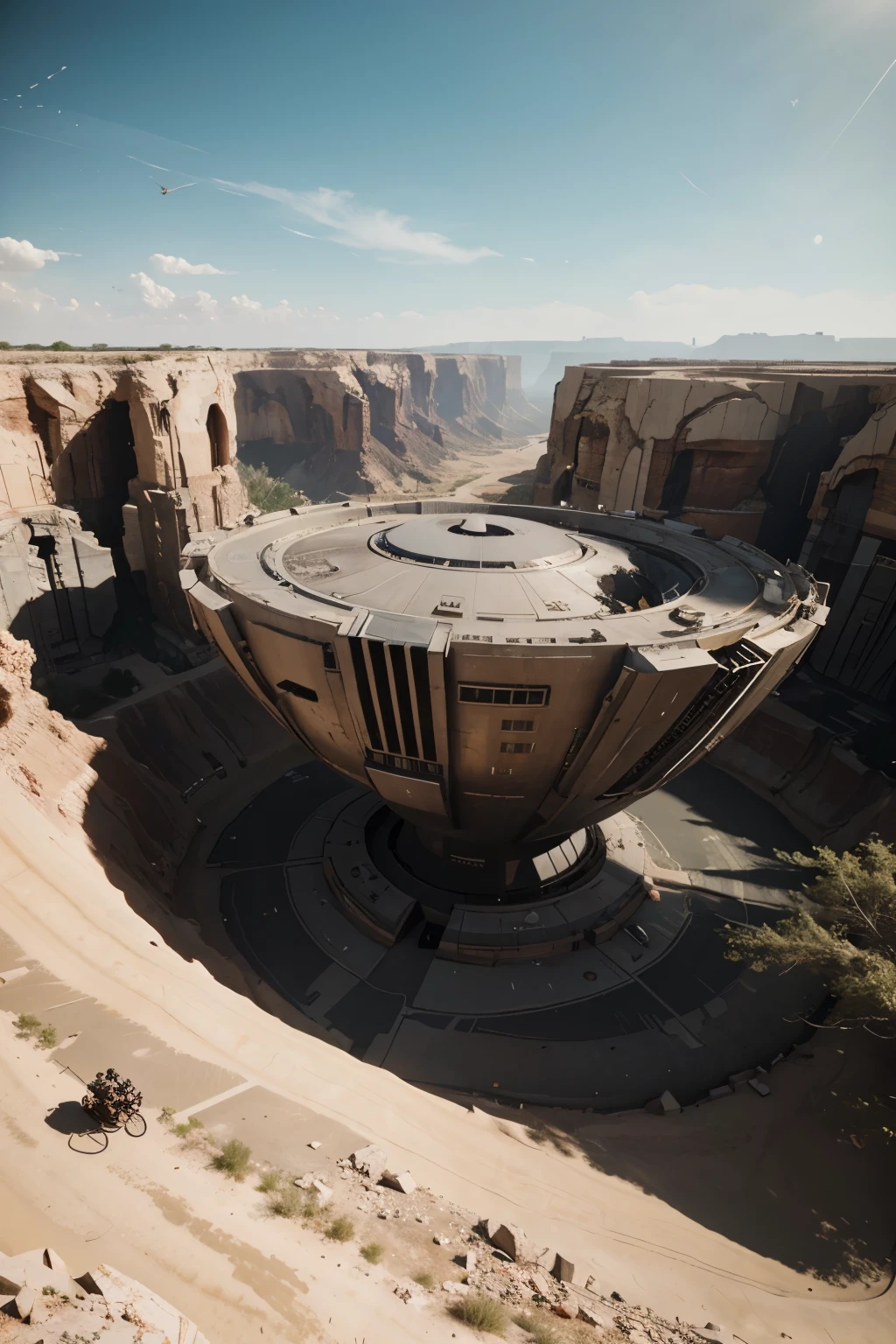 there is one massive futuristic metallic post apocalyptic cyberpunk building built into the canyon, no water, no humans, no vehicles, a detailed matte painting inspired by Filip Hodas, retrofuturism, 3d render of one scifi massive stadium built into side of the canyon, futuristic huge stadium, at the base of the stadium is surrounded by a maze of cyberpunk buildings, futuristic base, rendered in redshift, rendered in keyshot, scifi base, rendered in unreal engine 5, super rendered in octane render