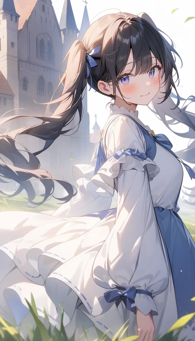 (highest quality、masterpiece、High resolution、detailed)、4K、beautiful anime、(Shining eyes、detailed美しい顔)､no text, 1girl,
BREAK
anime,white background,double exposure silhouette twintail girl and grass in medieval town photo scenery,wearing layered dress