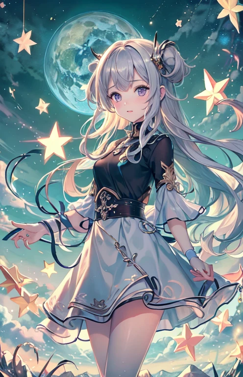 ((highest quality)), ((masterpiece)), (get used to it), perfect face , beautiful girl , Aries , beautiful starry sky , Many stars in the background ,