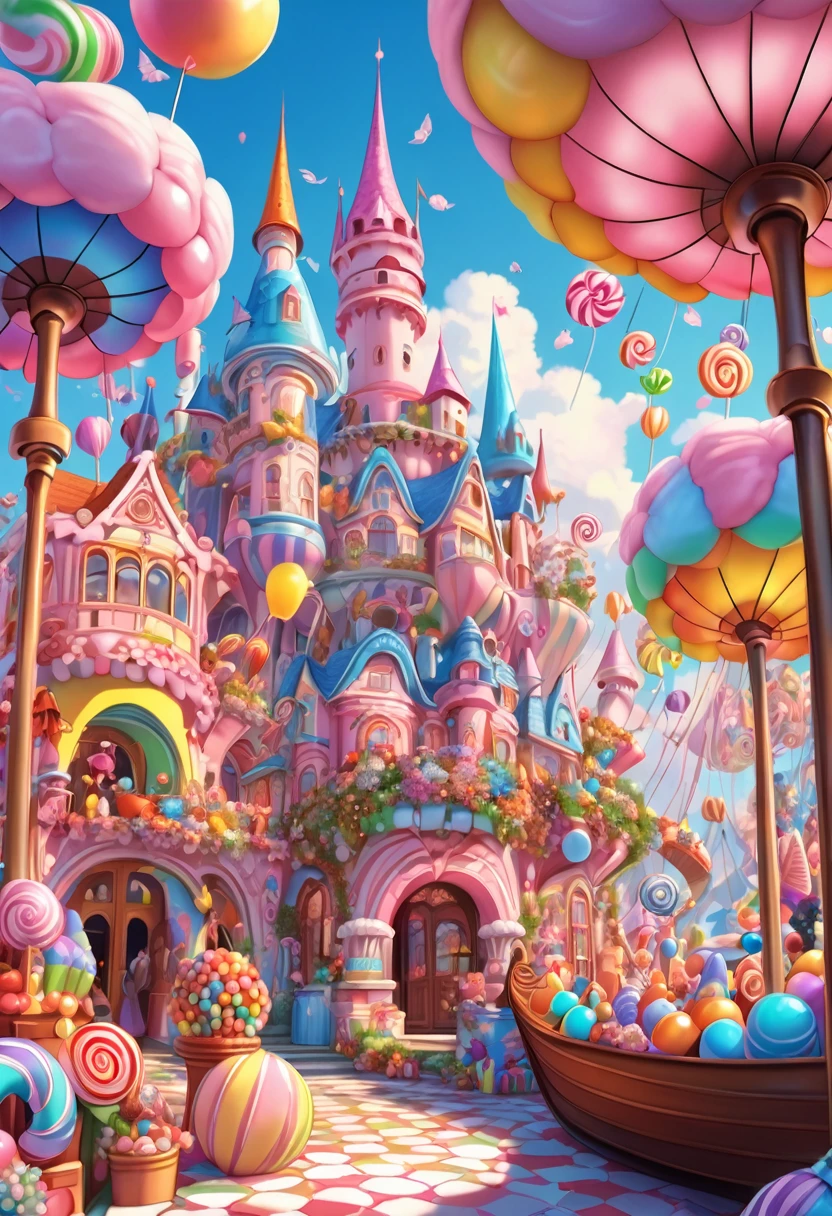 1girl, Candyland, aesthetic, (best quality, highres), ultra-detailed, (realistic:1.37), vibrant colors, candy-themed, dreamlike, enchanting, whimsical, sunlit, joyful, playful, sugary attire, magical, enticing aroma, candy castle, candy river, cotton candy clouds, lollipops, candy cane columns, sugar sculptures, gumdrop boats, candy fish, vibrant flowers, cheerful musicians