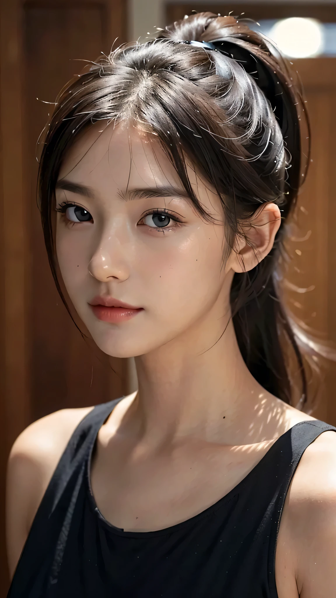 One woman,fully body photo,masutepiece, The highest image quality, High quality, the background is clear，Beautiful woman, Japanese, Detailed, Detailed eyes, Detailed skin, Beautiful skin, 超hight resolution, (reality: 1.4),Very beautiful woman, Slightly younger face, Beautiful skin, slender, (Ultra photo realsisim), (hight resolution), (8K), (Very detailed) (beautifully detailed eyes), (super detailed),   (Detailed face), view the viewer, Fine details, Detailed face, Staring straight ahead, Staring straight ahead, photos realistic, Bright lighting, Professional Lighting, Black hair,poneyTail,a baby face,sixteen years old,Hairstyle is ponytail,long ponytail hairstyle,slight smile,Orange colored long dress with lots of ruffles, softly shaped skirt,Spotlight on stage,close-up of face, 