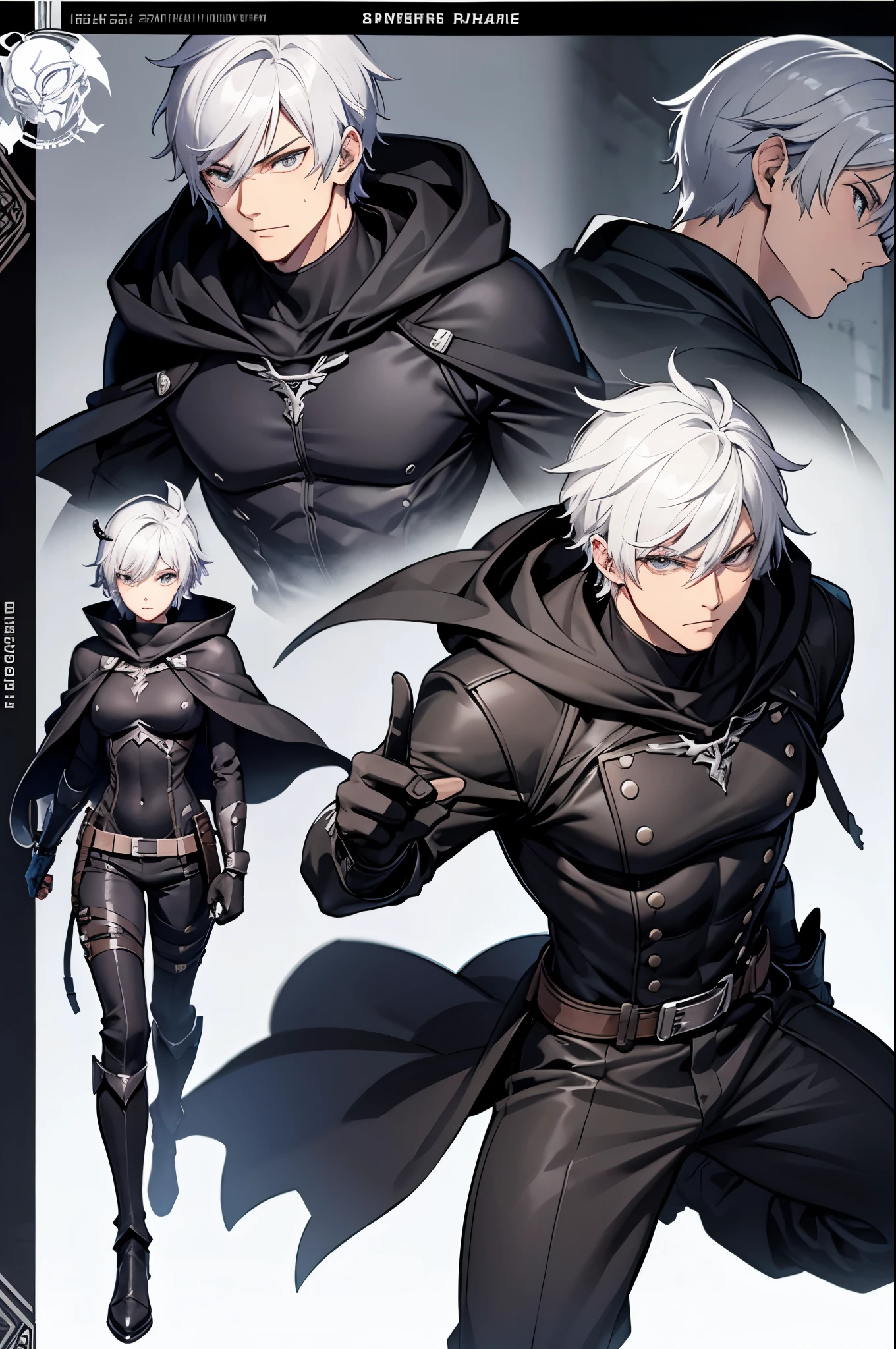 (Character design sheet, Same character..., Front, side,back), full body overview, create a 2d comic style character. 1boy, anime character, short silver hair, long black cape, turtleneck, serious, mask in the eyes, hood, white mask, The mask fits the face just right, on top of a old town (night) , vigilant, trained physique, assassin style, black clothing all over the body, agile, light armor, sketch,eight different face angles