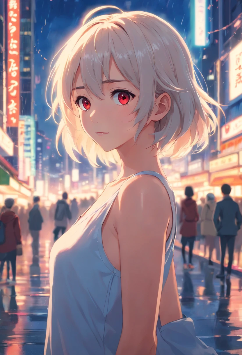 masterpiece, best quality, Very detailed, movie lightning, intricate details, high resolution, official art, Exquisite and beautiful face and eyes, High resolution illustration, 8K, depth of field, Bokeh, alone, 1 girl, A girl with white hair and red eyes, long white hair, beautiful red eyes, Beautiful scenery, rainy city, Upper body, looking at the audience, close up