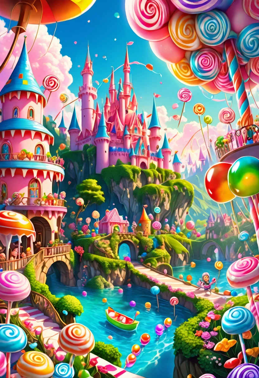 1girl, Candyland, aesthetic, (best quality, highres), ultra-detailed, (realistic:1.37), vibrant colors, candy-themed, dreamlike, enchanting, whimsical, sunlit, joyful, playful, sugary attire, magical, enticing aroma, candy castle, candy river, cotton candy clouds, lollipops, candy cane columns, sugar sculptures, gumdrop boats, candy fish, vibrant flowers, cheerful musicians