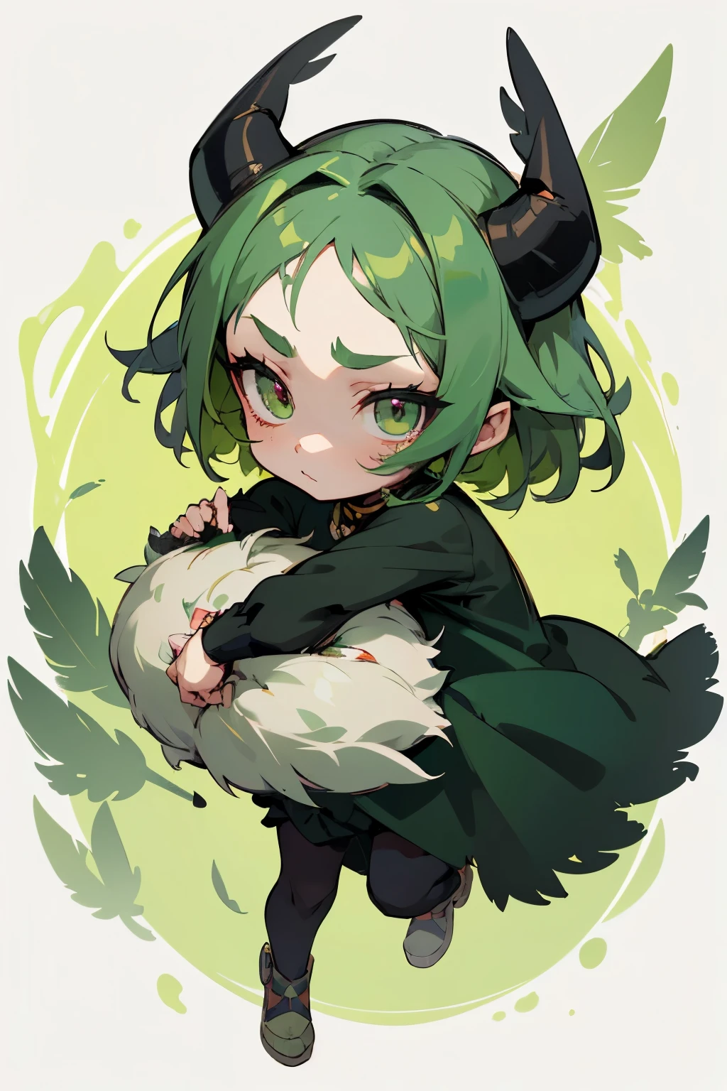 girl, full body, cartoon style, chibi style, cute, bird feathers, bird foot, Demon horns from the forehead, devil, beautiful face, green color eye, beautiful eye, high detailed pupil, double eyeylid, high detailed skin, high quality skin, green color hair, black clothes, masterpiece,