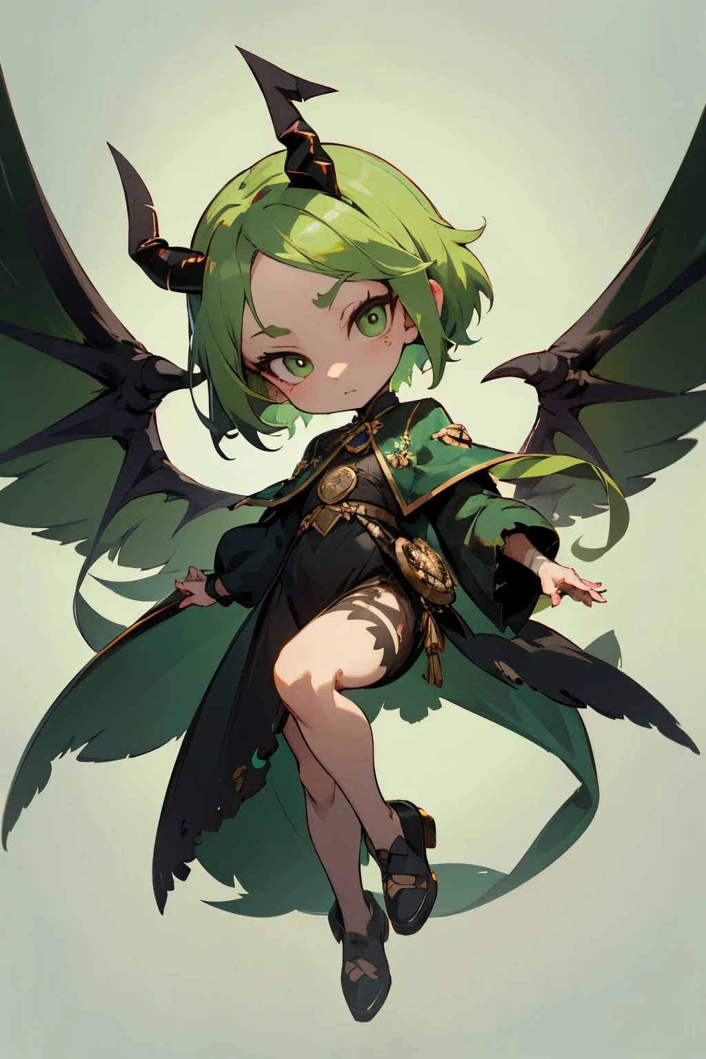 girl, full body, cartoon style, chibi style, cute, bird character, bird feather, bird foot, Demon horns from the forehead, devil, beautiful face, green color eye, beautiful eye, high detailed pupil, double eyeylid, high detailed skin, high quality skin, green color hair, black clothes, masterpiece,