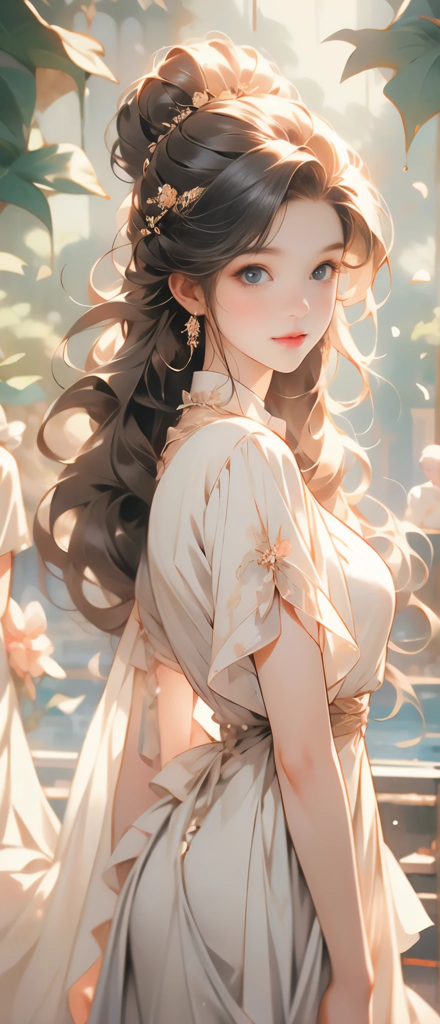 Chinese girl, Sweet and lovely girl, big eyes, illustrations, long hair, braids, fluffy hair, front, film angle, reflective hair, watery eyes, looking at you, facial details, facial focus, masterpiece, best quality, extremely delicate and beautiful, dynamic angle, complex details, beautiful and delicate eyes, delicate face, delicate and clear facial features, tender lips, real, lovely, focus, clear lines, 8k high-resolution, good-looking, smiling, wearing white dress, fashionable and beautiful, depth of field