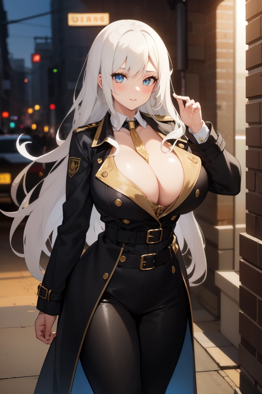 long white hair, girl, big breast, private investigator, black and gold trench coat ,detective
