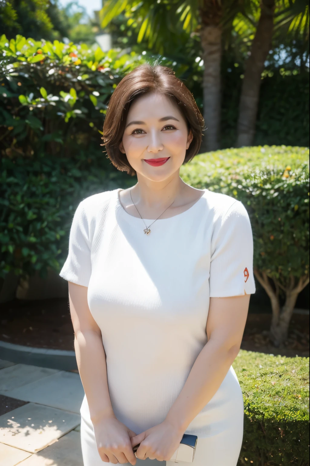 very plump , (best quality:1.3, 8k, masterpiece:1.3), sharp focus, high resolution, white sweater, short sleeves, short hair, 37-year-old woman, mature, cute smile, round face, detailed lips, red lipstick, standing, slightly curvy, large chest, garden background,