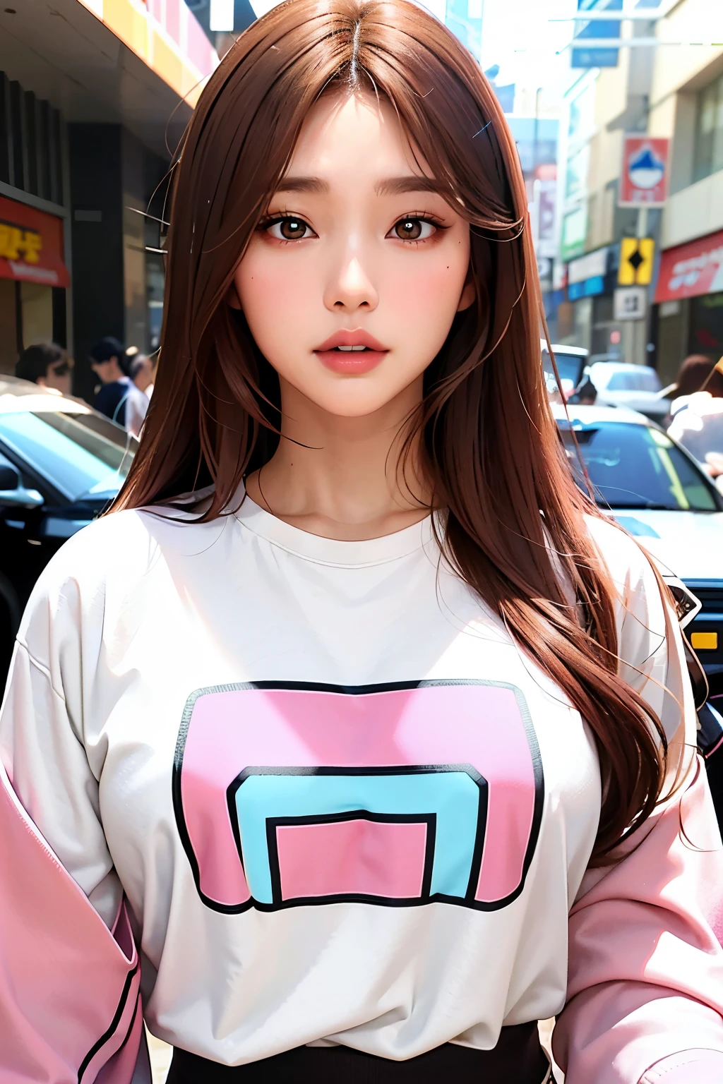 Girl, long brown hair, brown eyes, sharp features, white skin, pink lips, t-shirt sleeves