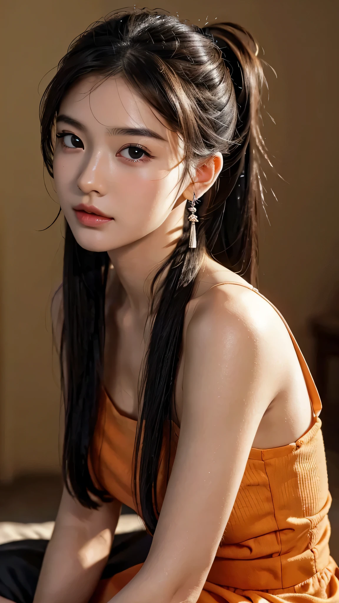 One woman,fully body photo,masutepiece, The highest image quality, High quality, the background is clear,Beautiful woman, Japanese, Detailed, Detailed eyes, Detailed skin, Beautiful skin, 超hight resolution, (reality: 1.4),Very beautiful woman, Slightly younger face, Beautiful skin, slender, (Ultra photo realsisim), (hight resolution), (8K), (Very detailed) (beautifully detailed eyes), (super detailed), (Detailed face), view the viewer, Fine details, Detailed face, Staring straight ahead, Staring straight ahead, photos realistic, Bright lighting, Professional Lighting, Black hair,poneyTail,a baby face,sixteen years old,Hairstyle is ponytail,long ponytail hairstyle,slight smile,Orange colored long dress with lots of ruffles, softly shaped skirt,Spotlight on stage,close-up of face,