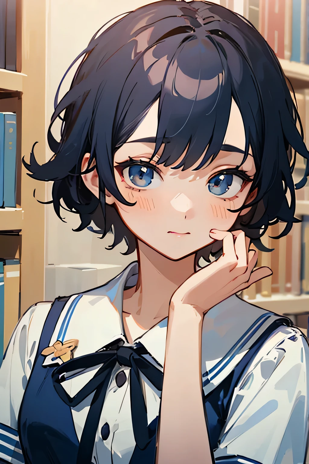 ((highest quality))、 ((masterpiece))、(be familiar with)、perfect face、high school girl、Mojimoji、library、uniform、ribbon、medium bust、Hand over the letter
