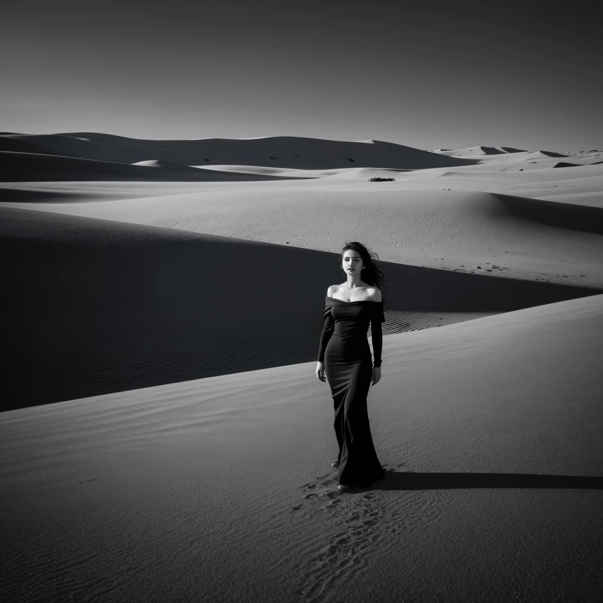 (black and white photography, high contrast、Infrared Filter)、highest quality, masterpiece, ultra high resolution, (realistic:1.4), Raw photo, 1 girl, beautiful face、off shoulder, Distant view of the dune ridge from a high vantage point、Woman standing with sand dune peaks in the background、black mermaid dress、black high heels、The hem of the dress flutters in the wind、