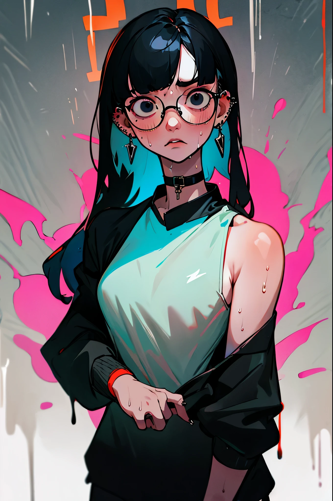 (masterpiece), best quality, expressive eyes, highres, anatomically correct, 1girl, perfect face, perfect hands, female, pale, glasses, straight hair, blunt bangs, black hair, very long hair, black eyes, glasses, weak, tired, small breasts, graphic t-shirt, gothic, emo, goth, exposed left shoulder, piercings, ear piercings, lip piercings, fatigue, eye-bags, sore, blank eyes, expressionless, weak, crazy face, crazy eyes, swept bangs, choker, standing, freaked out, shocked, nervous, stressed, sweating, black hair, black eyes, wet shirt, black jacket,