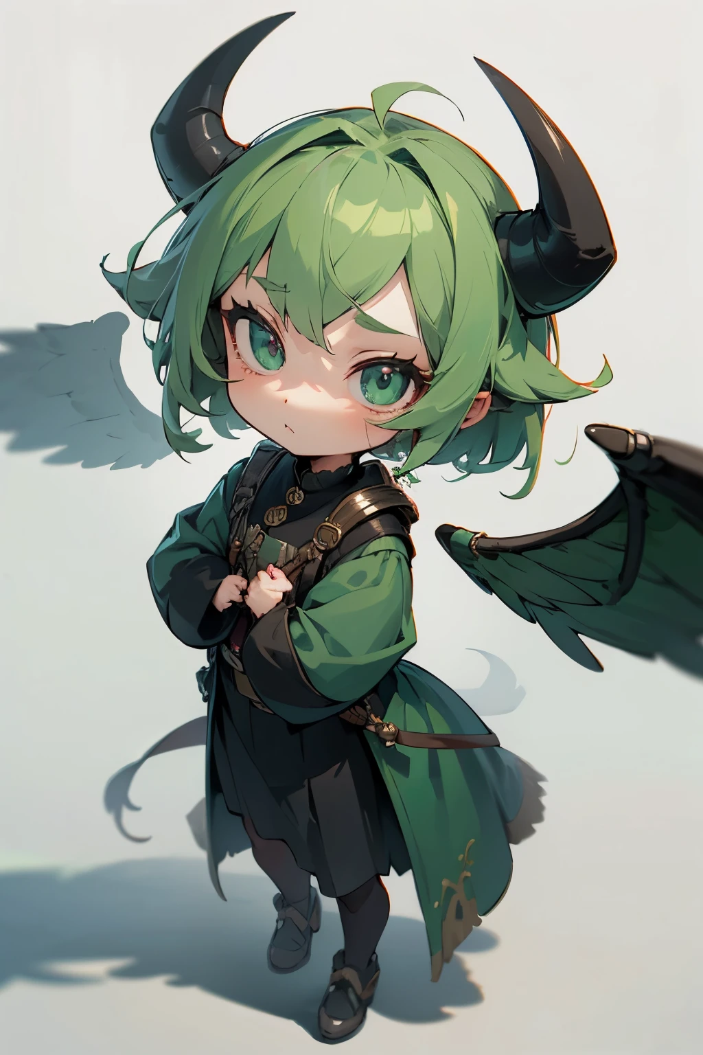 girl, full body, cartoon style, chibi style, cute, bird character, bird feather, bird foot, Demon horns from the forehead, devil, beautiful face, green color eye, beautiful eye, high detailed pupil, double eyeylid, high detailed skin, high quality skin, green color hair, black clothes, masterpiece,