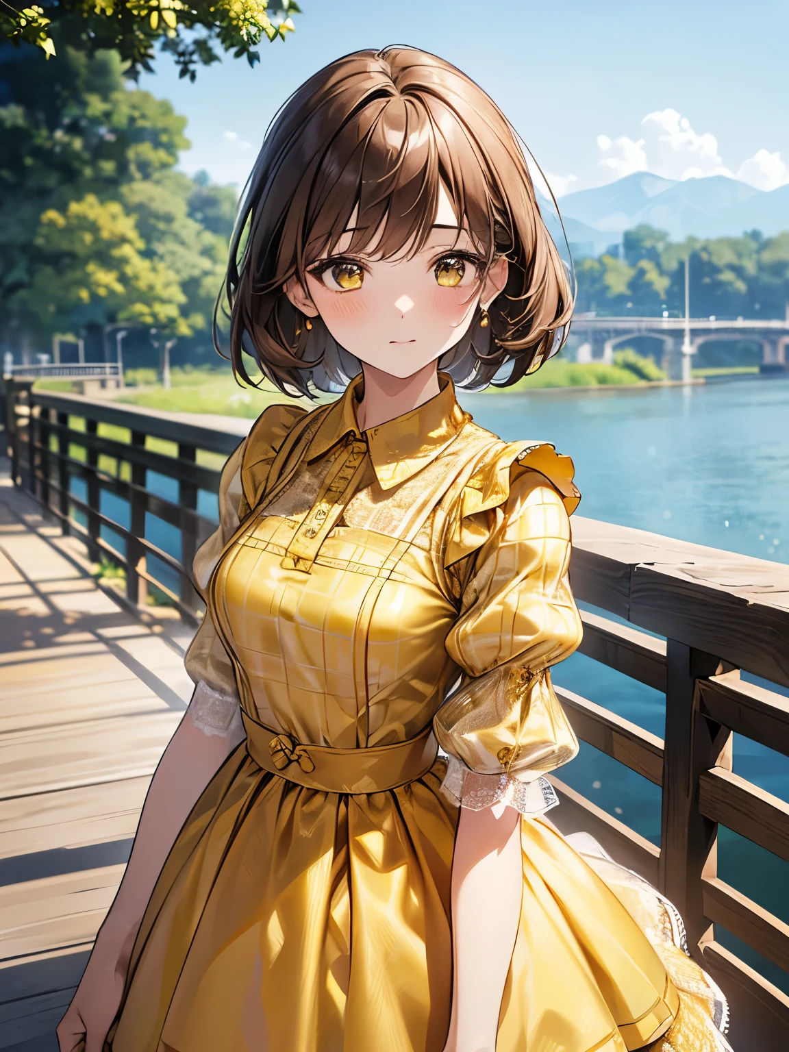 1 girl, Solo, Japanese girl, Cute Girl, , Best Quality, Ultra-detailed, 8K, High resolution, Detailed face, light brown hair, short bob hair, (((collared dress, yellow dress, plaid dress, puffy sleeves, short sleeves, lacy collar))), on the bridge,