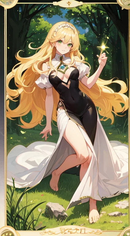 32 year old female ,long blonde hair, green eyes, Thin, Big ,alice costume, Western style light dress, barefoot, magic circle, Make it like tarot anime style but without the frame, penetrating eyes , Goddess of Life, Life Energy, green energy, green particles, Grass, tree, vitality