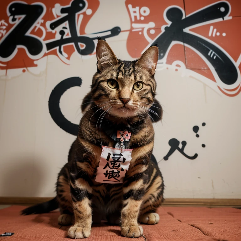 A samurai tabby cat eating shushi and saying it big in graffiti style letters on the back @ser_gato