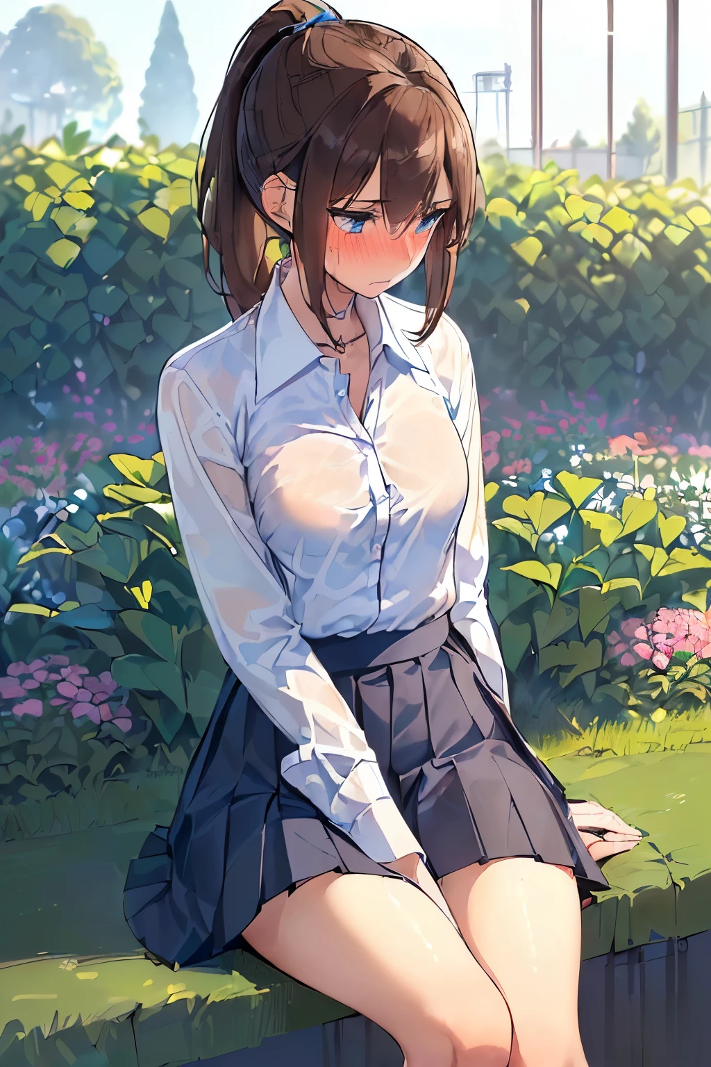 ((best quality)), ((masterpiece)), ((detailed)), (((perfect face))), ((((slender 16yo teenage girl sitting)))), ((((white button up shirt))), (((short ponytail))), (((blue eyes))), (((dark blue pleated skirt from waist to thighs))), ((shy:1.3)), ((blushing:1.5)), ((skinny thighs)), ((skinny hips)), ((((girl looking away)))), (((garden))), (((brown hair))), (((no thing in shirt collar)))