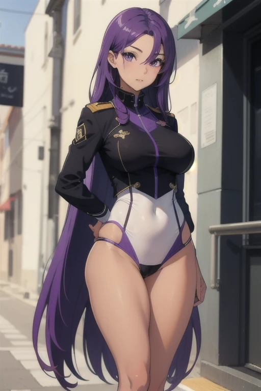 A girl with long straight purple hair and purple eyes with tan skin and full breasts standing straight facing the viewer in a uniform, perfect,