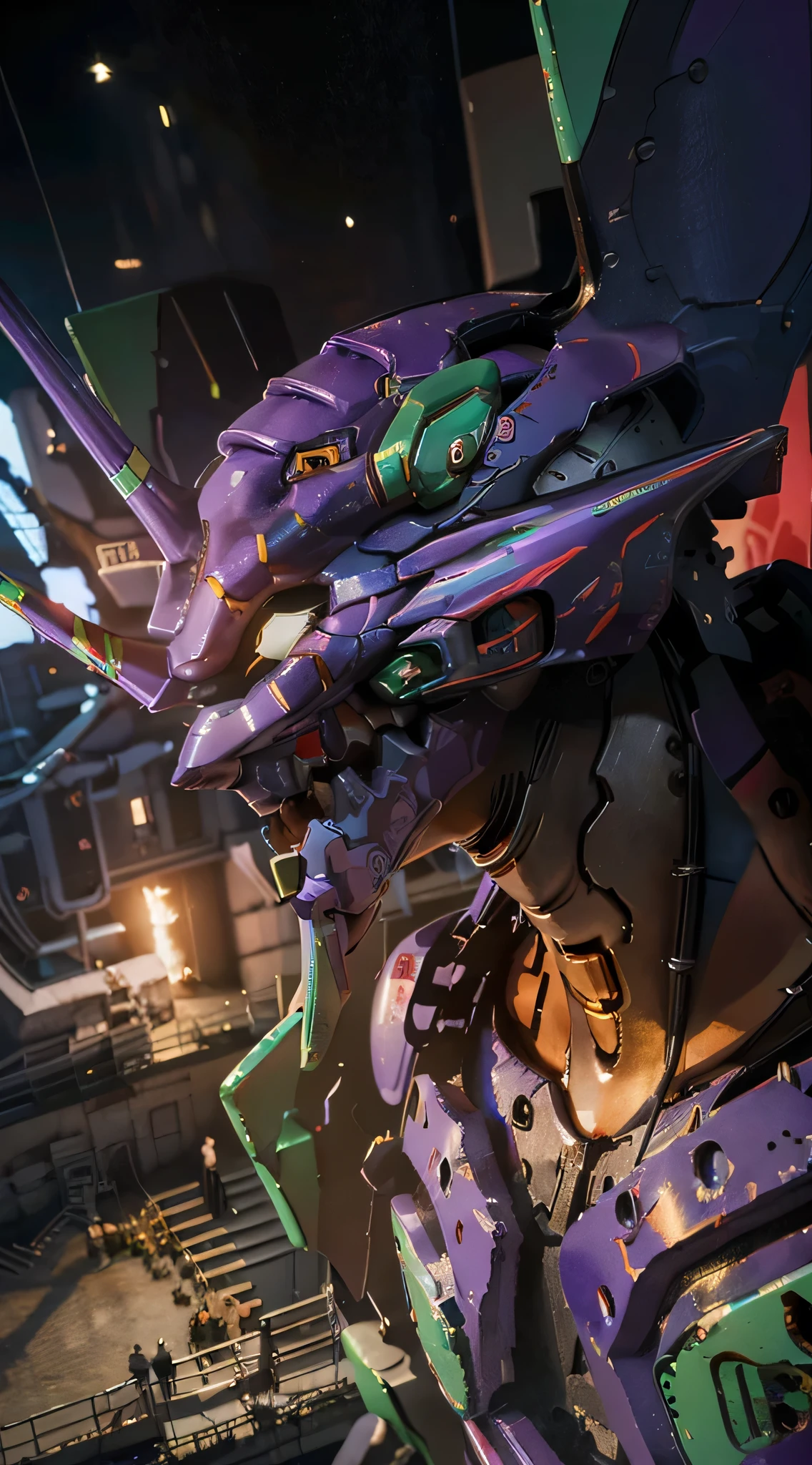 (eva 01), Eva God, evangelion mecha, SF, looking at the audience, 3D rendering, (official art, highest quality, masterpiece: 1.2), figure, High resolution, beautiful abstract background, Futurism, cyber punk, intense angle,