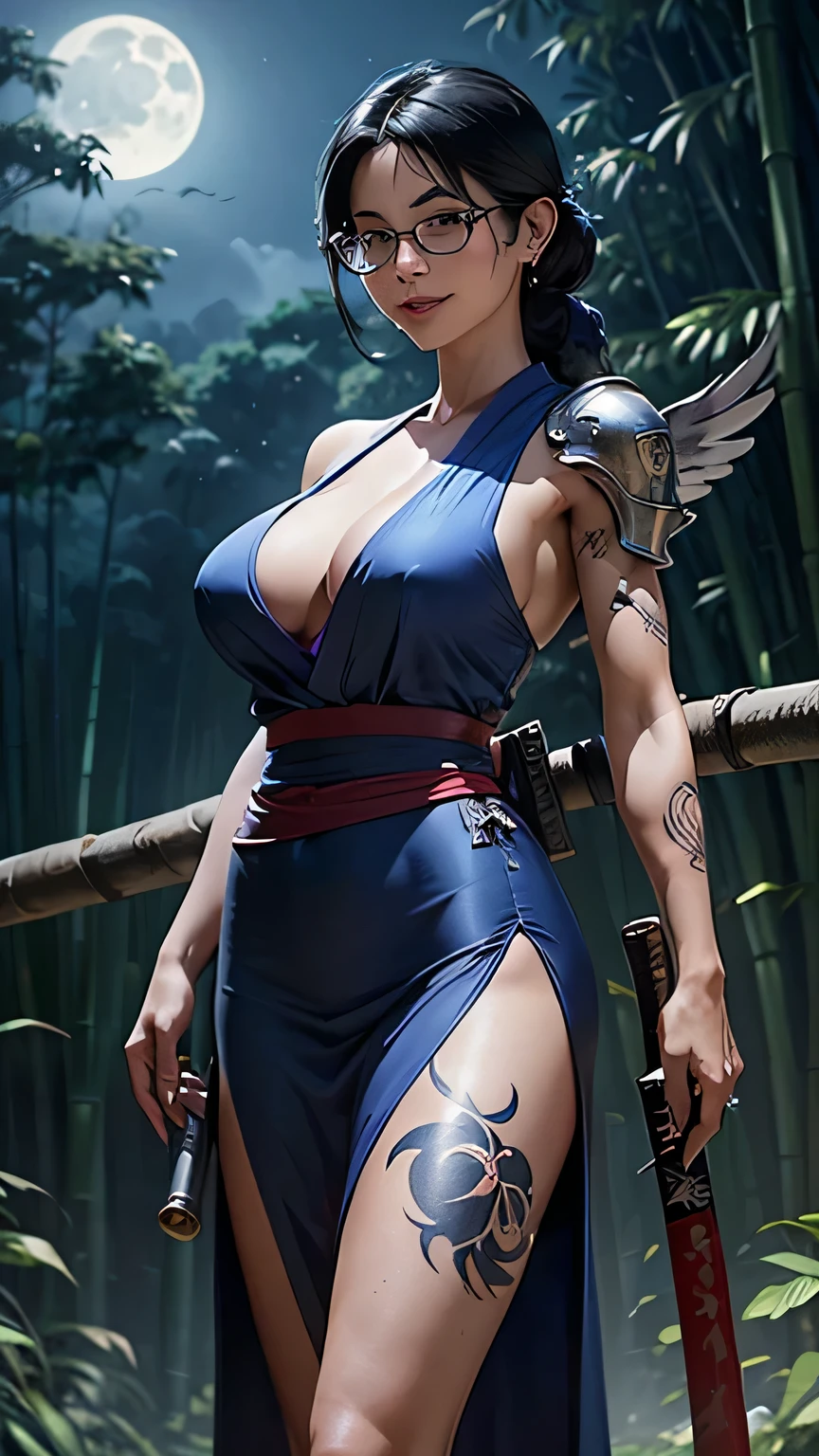 (Sexy Asian mature woman, age around 40th, big breast, glasses), (blue flower kimono, skirt dress, short tight dress, red bra), (standing), (long legs), (bamboo forest), (holding weapon, katana), (blue eyes, very long black hair tied up), (tattoo on body, tattoo on legs, tattoo on breast), (blue eyes), wearing earrings, (knot smiling face), (night scene, moon), (scar in her body), (armor in shoulder), (black wings in back)