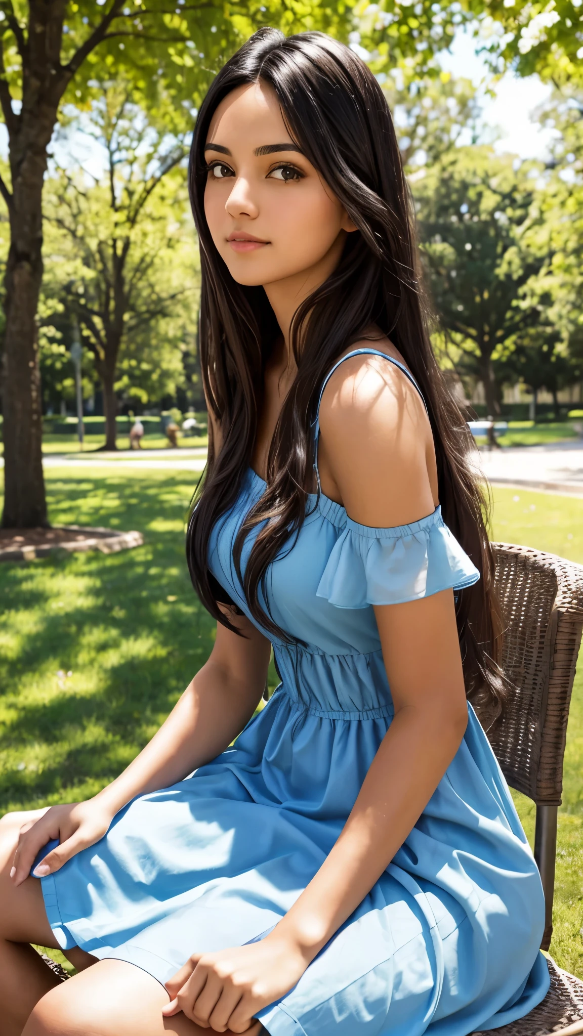 Beautiful black-haired Latina girl with brown eyes and long hair wearing a light blue dress sitting on a seat in a park outdoors on a sunny, clear day, daring photo shoot 