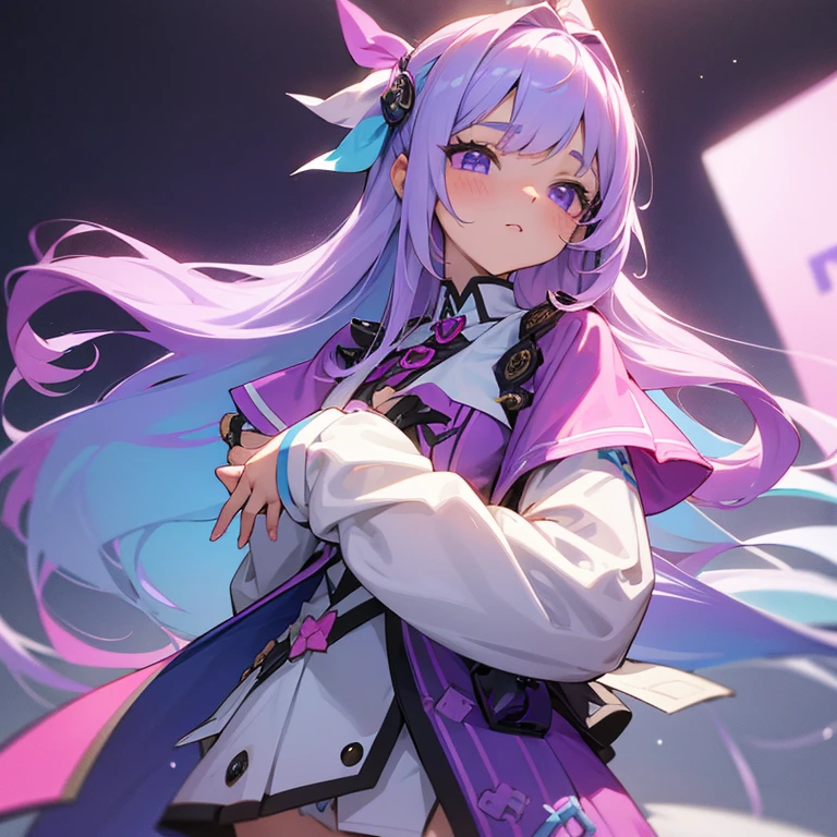 An idol girl who has pink shaded baby blue long hair. She got a grey shaded purple eyes. She is a  wearing a comfy idol outfit.