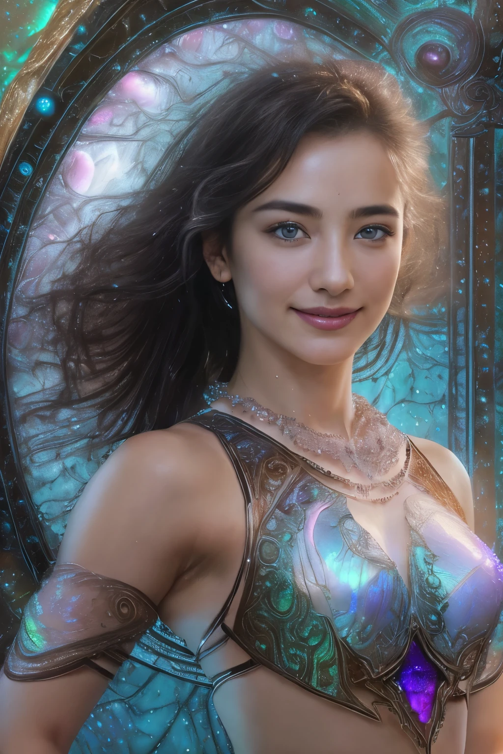 (best quality,4k,8k,highres,masterpiece:1.2),ultra-detailed,(realistic,photorealistic,photo-realistic:1.37),Official art, (1 beautiful age Italian girl:1.1), (wearing detailed white bodyarmor with beautiful fractal or marble design:1.3), (seductive smile:1.1), (captivating smile1.2), ((High quality)), ((Detailed)), ((Fantasy)), Blue Plasma Brain, Green Plasma Body, Vulgarity, beutiful breast, obscenity, (Lewd smile:1.2), coarse, Obscene, mean, (raunchy:1.2), (Immoral:1.2), Lachish, (small breasts with beautiful raised areolas:1.3), (Cameltoe), (Expression of ecstasy:1.2), (Incredibly beautiful nature background:1.6), (18 years old:1.5), (Sexy and glamorous:1.1), (A coquettish expression:1.1), (seductively smiling:1.1), (Full body), (erotic posing:1.5), (showing her armpit:1.4), Beautiful seductive face, Portrait, (Thick eyebrows:0.7), (detailed large iridescent eyes:1.4), Beautiful eyes with fine symmetry, Intimate face, (ultra detailed skin texture:1.1), pale skin, Perfect Anatomy, (Beautiful toned body:1.1), Hair Bow, (Moist skin:1.2), no makeup, dark circles, Focus Face, good-looking, (Emilia Clark:0.6) (Emma watson:0.3),(Jennifer Connelly:0.4), (sensual face:1.3), Elegant face, Dolce, (Around her neck is a simple necklace of exquisite workmanship), (Bioluminescence with brilliant brilliance:1.3), (Luminous magic circle:1.2), Shining majestic cloud masses and sky, lightning bolt, Epic Realistic, (Greg Rutkowski:0.2), (teal and orange:0.4), (Art Station:1.5), Cinematic, (nfsw:1.3), Hyper Detailed, natural Lighting, (Intricate details:1.1),
