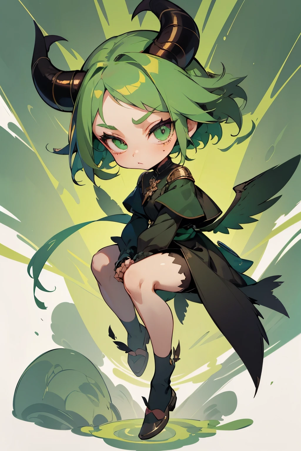 girl, full body, cartoon style, chibi style, cute, bird character, bird feather, bird foot, Demon horns from the forehead, devil, beautiful face, green color eye, beautiful eye, high detailed pupil, double eyeylid, high detailed skin, high quality skin, green color hair, black clothes, masterpiece,