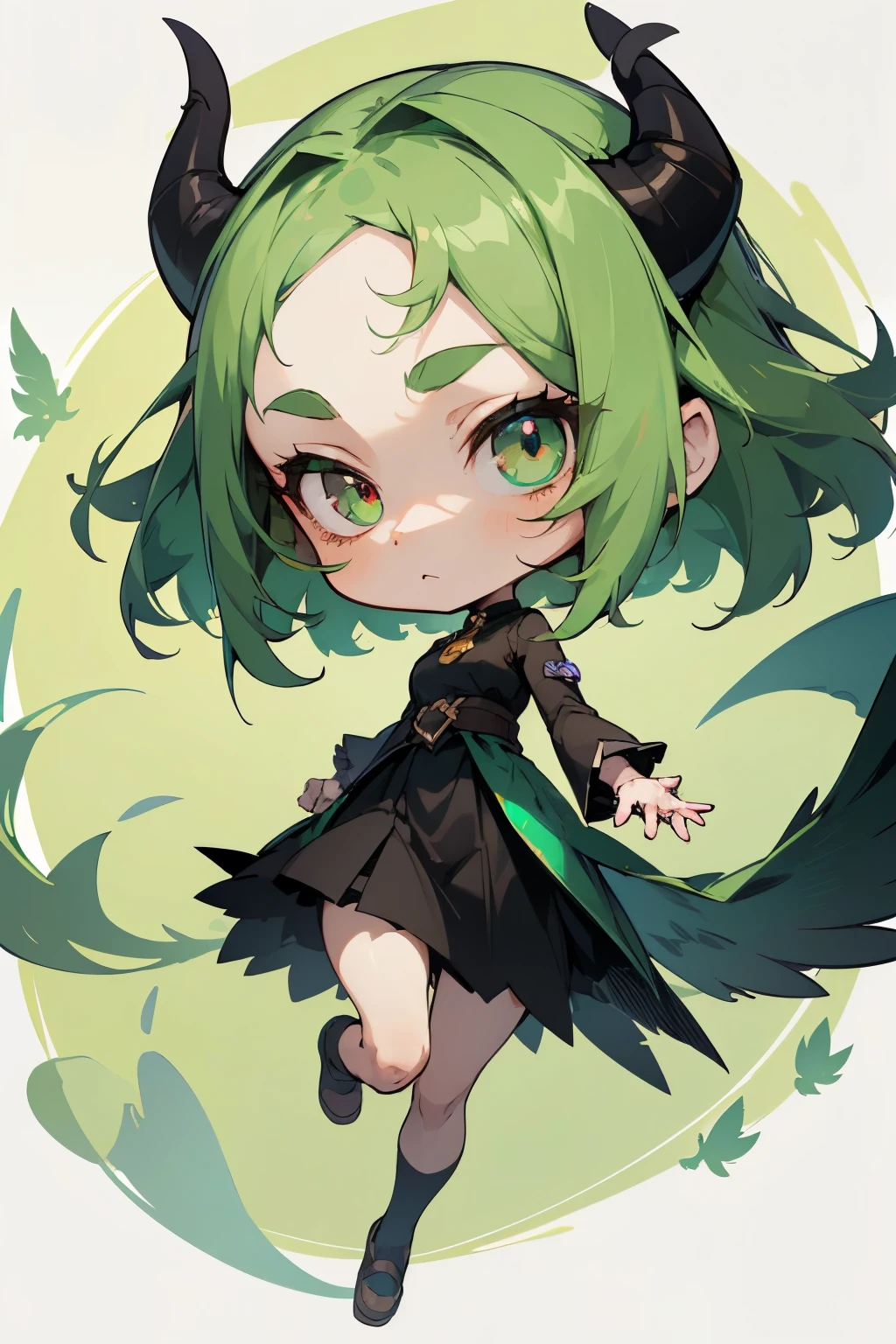 girl, full body, cartoon style, chibi style, cute, bird character, bird feather, bird foot, Demon horns from the forehead, devil, beautiful face, green color eye, beautiful eye, high detailed pupil, double eyeylid, high detailed skin, high quality skin, green color hair, black clothes, masterpiece,