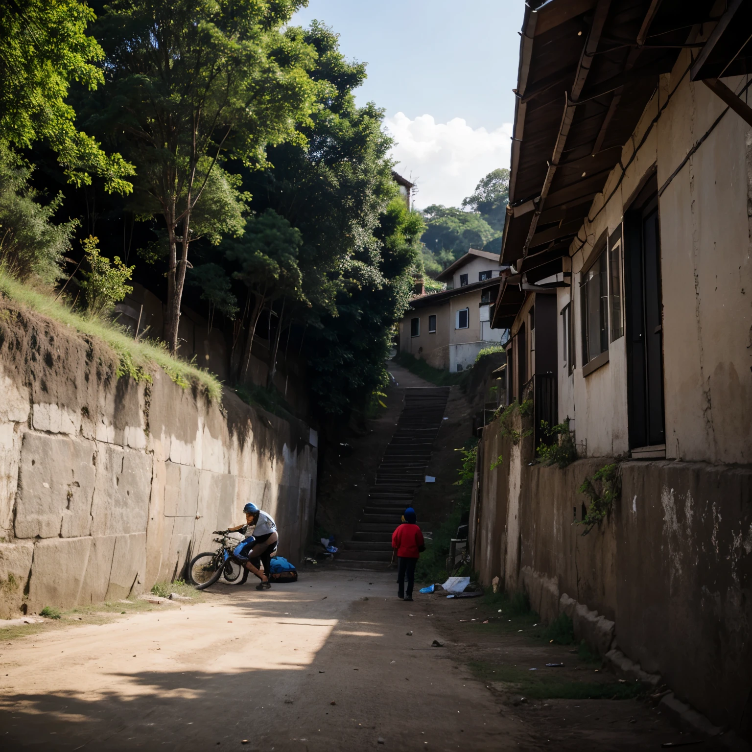 Images of people on a hill with their houses in a safe area and on the side sandbags with a huaico ravine 