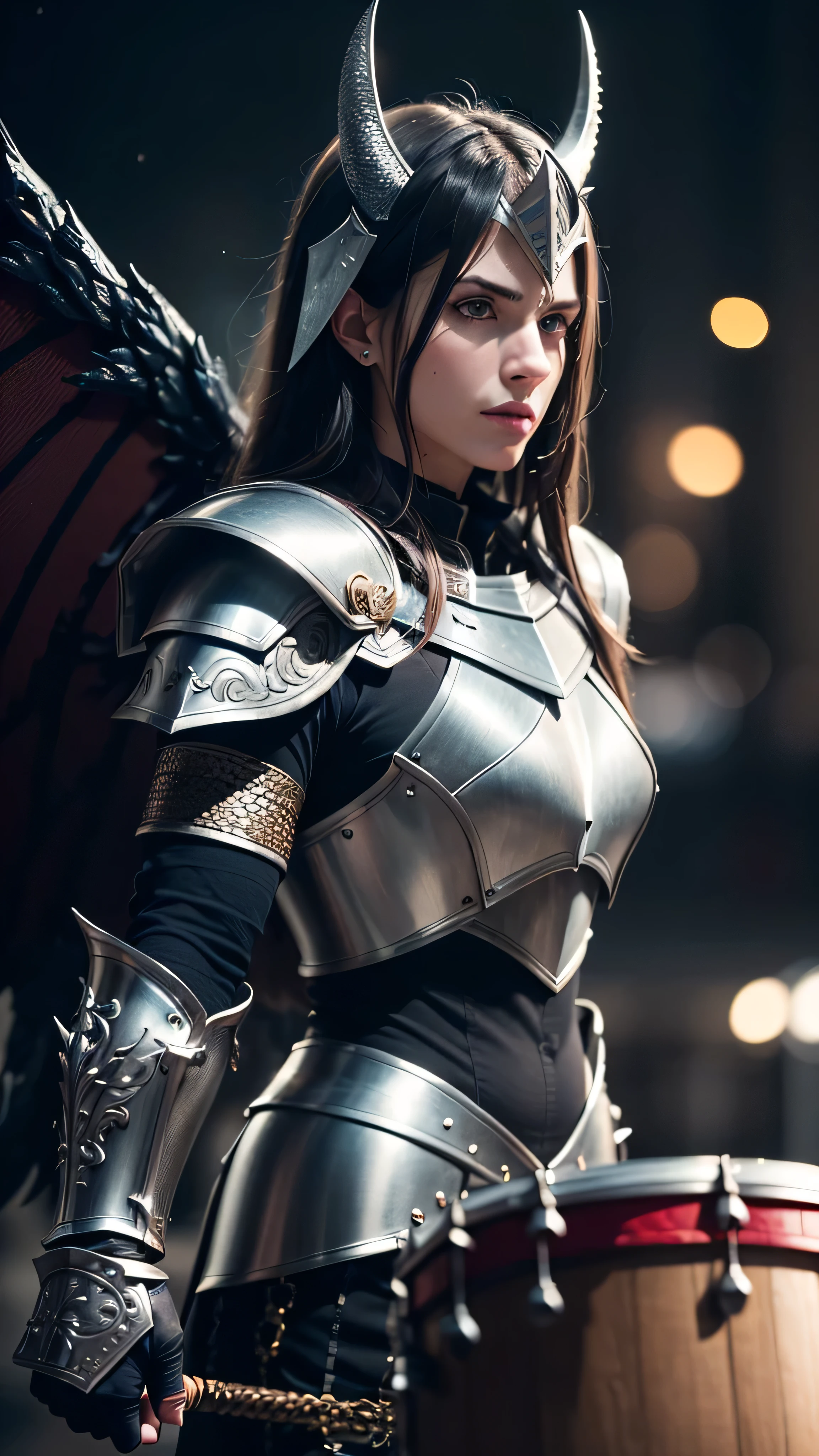 (masterpiece), (extremely intricate:1.3), (realistic), muscular masculine man ,(handsome, demon skin, Static hair, ((titanium horns, serious, drum, ((night, dark, black scarlet scalemail breastplate, metal gauntlets)), angel wings))), metal reflections, upper body, outdoors, professional photograph, detailed, sharp focus, dramatic, award winning, cinematic lighting, volumetrics dtx, (film grain, blurry background, blurry foreground, bokeh, depth of field, interaction), 8K