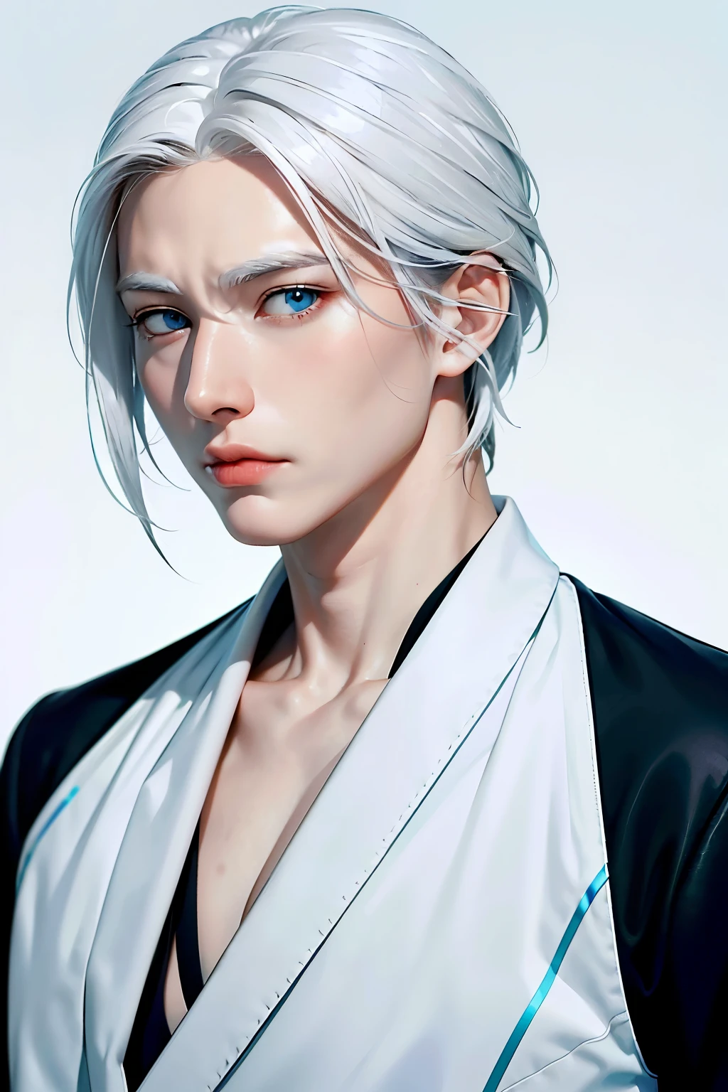 Boy, white hair, blue eyes, serious sharp features, white skin, shirt, jacket