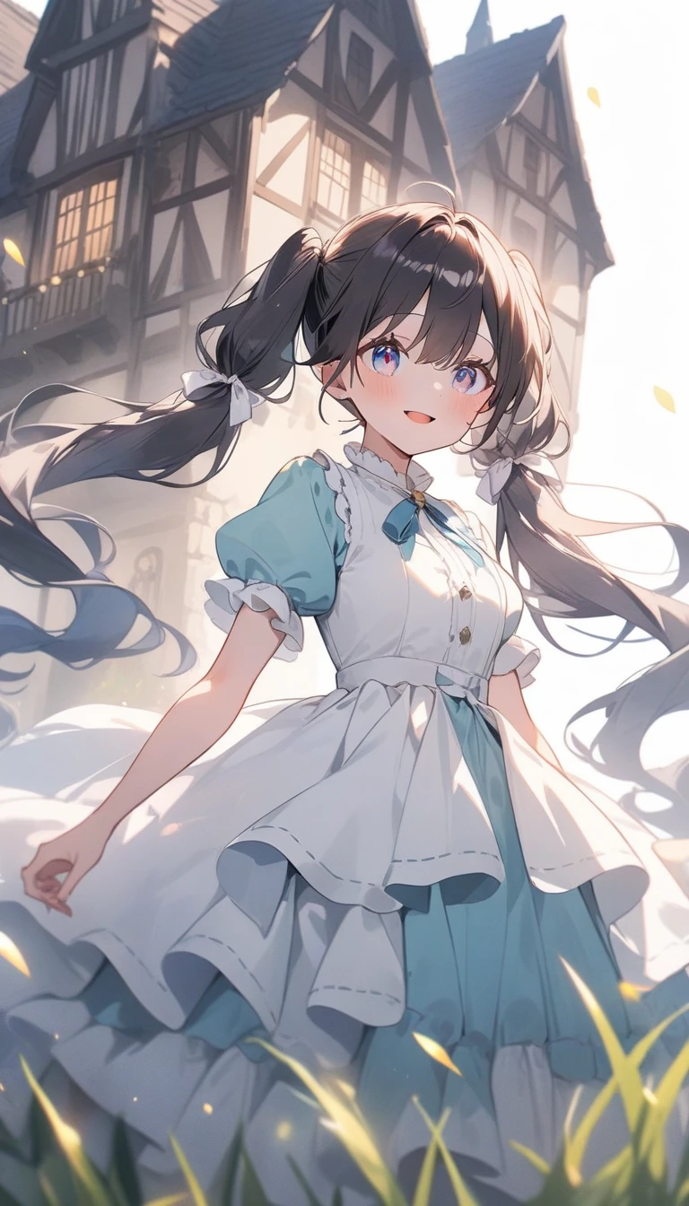 (highest quality、masterpiece、High resolution、detailed)、4K、beautiful anime、(Shining eyes、detailed美しい顔)､no text, 1girl,
BREAK
anime,white background,double exposure silhouette twintail girl and grass in medieval town photo scenery,wearing layered dress