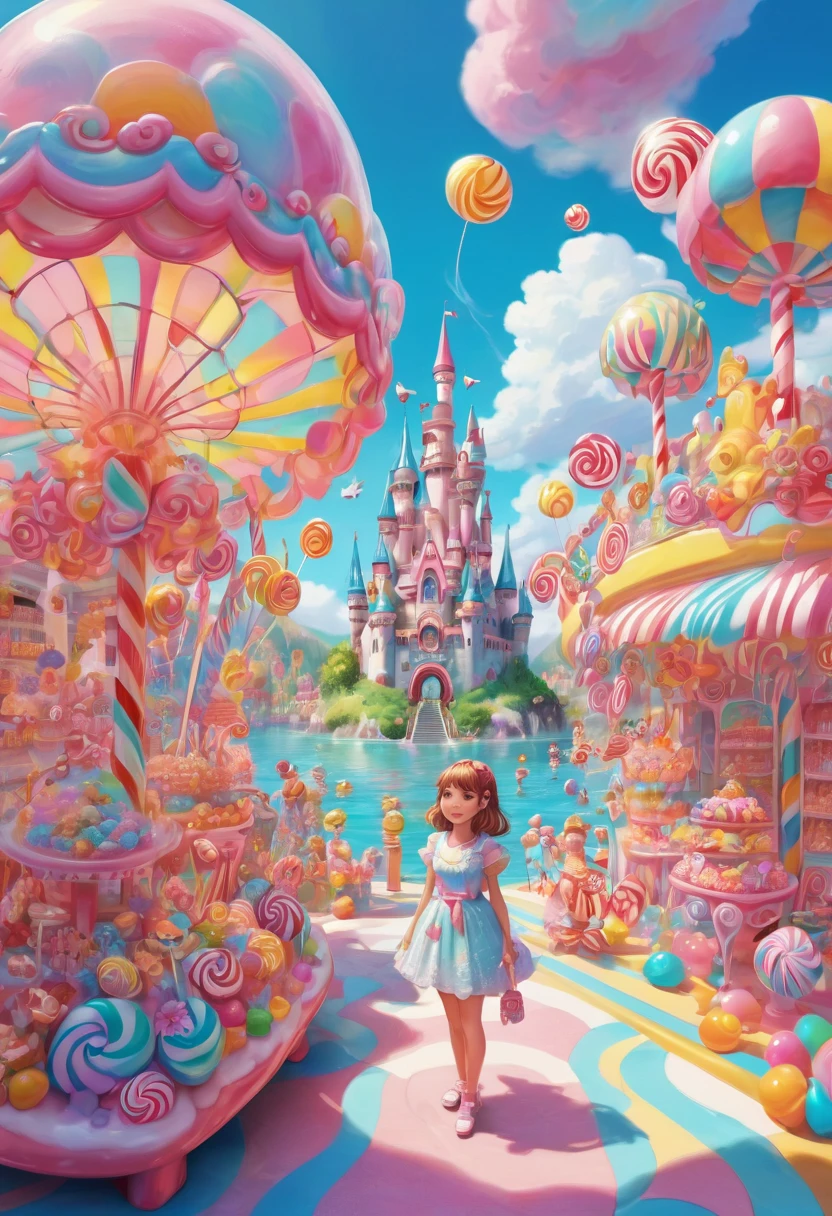 1girl, Candyland, aesthetic, (best quality, highres), ultra-detailed, (realistic:1.37), vibrant colors, candy-themed, dreamlike, enchanting, whimsical, sunlit, joyful, playful, sugary attire, magical, enticing aroma, candy castle, candy river, cotton candy clouds, lollipops, candy cane columns, sugar sculptures, gumdrop boats, candy fish, vibrant flowers, cheerful musicians