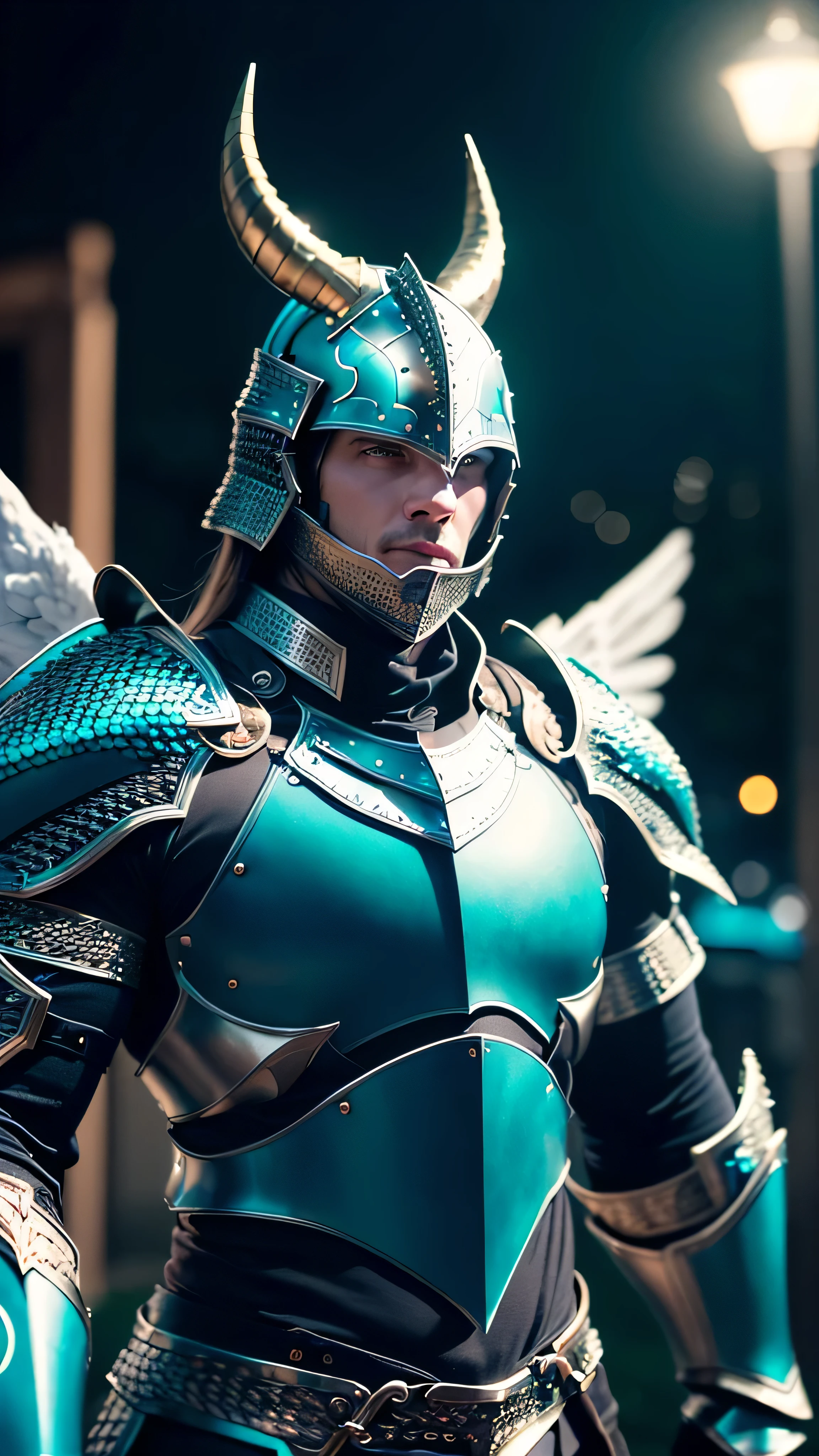 (masterpiece), (extremely intricate:1.3), (realistic), muscular masculine man ,(handsome, demon skin, Static hair, ((titanium horns, serious, drum, ((night, dark, black cyan scalemail breastplate, metal gauntlets)), angel wings))), metal reflections, upper body, outdoors, professional photograph, detailed, sharp focus, dramatic, award winning, cinematic lighting, volumetrics dtx, (film grain, blurry background, blurry foreground, bokeh, depth of field, interaction), 8K