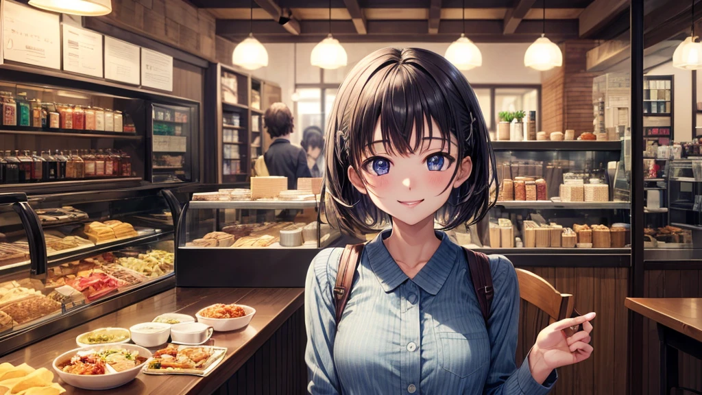 (original photo, best quality), 1 girl,  Naoha Kiritani, natural lighting, Upper body, cafes, Smile,
Satosh Khan Art Style
