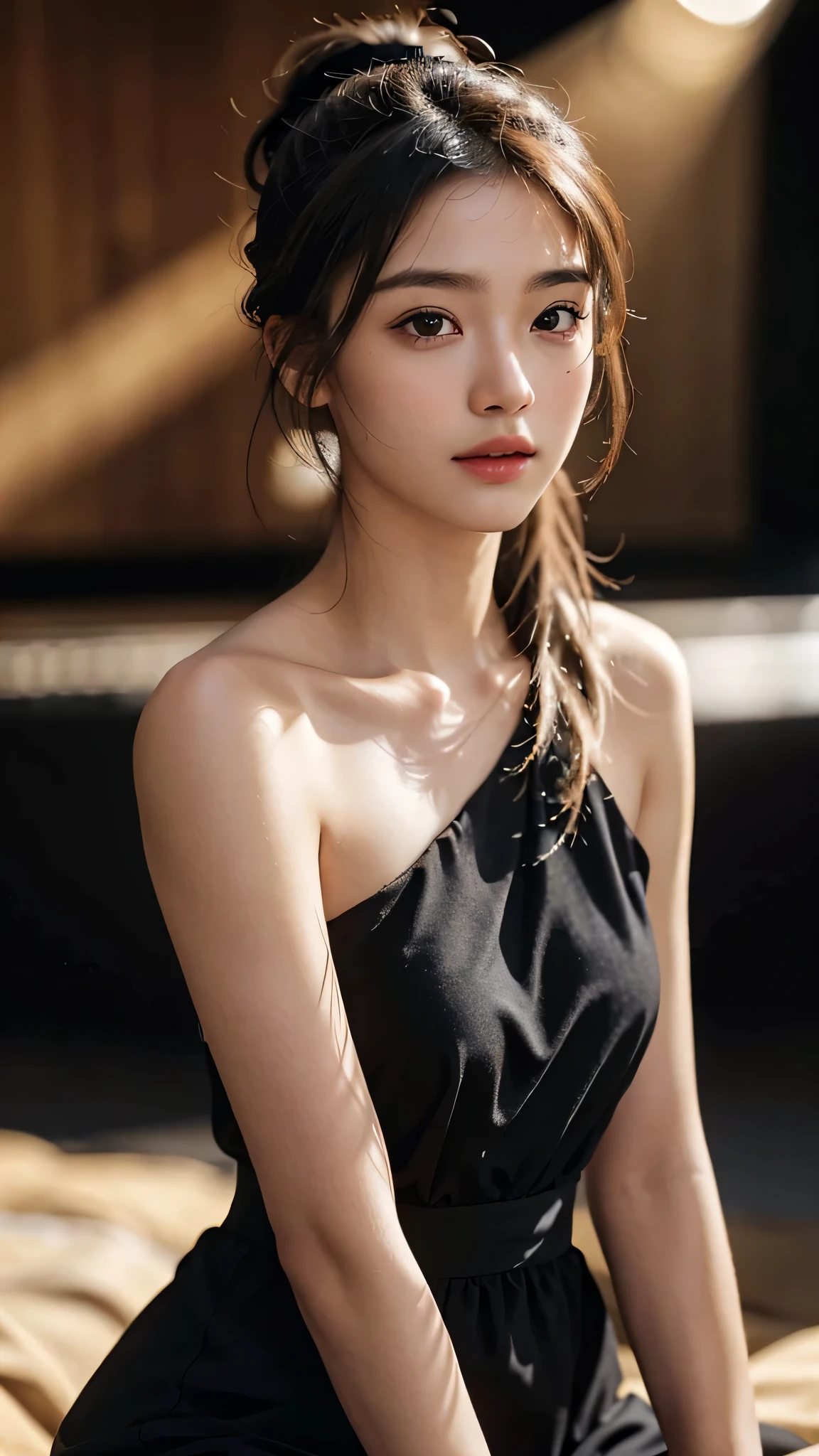 One woman,fully body photo,masutepiece, The highest image quality, High quality, the background is clear,Beautiful woman, Japanese, Detailed, Detailed eyes, Detailed skin, Beautiful skin, 超hight resolution, (reality: 1.4),Very beautiful woman, Slightly younger face, Beautiful skin, slender, (Ultra photo realsisim), (hight resolution), (8K), (Very detailed) (beautifully detailed eyes), (super detailed), (Detailed face), view the viewer, Fine details, Detailed face, Staring straight ahead, Staring straight ahead, photos realistic, Bright lighting, Professional Lighting, Black hair,poneyTail,a ,sixteen ye is ponytail,long ponytail hairstyle,slight smile,Orange colored long dress with lots of ruffles, softly shaped skirt,Spotlight on stage,close-up of face,