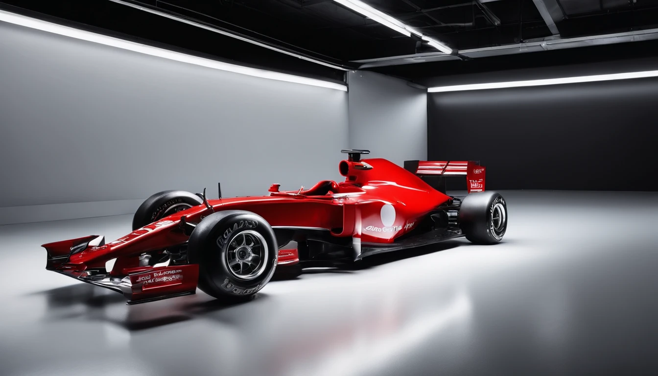carro de formula um vermelho e preto sendo fotografado em um estudio branco com efeitos de luz e sombra ao fundo, qualidade profissional