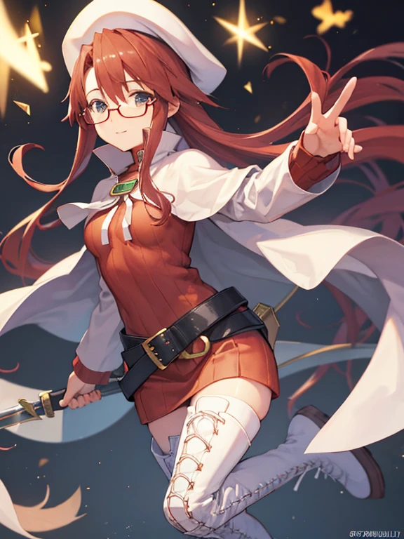summon night, long hair, 青いeye, redい髪, beret, have, Glasses,
壊す long hair, Thighhighs, have, dress, boots, Glasses, belt, cape, sweater, zettai ryouiki, beret, thigh boots, white shoes, ribbed sweater, loose belt,one person (masterpiece:1.2), highest quality, High resolution, unity 8k wallpaper, (figure:0.8), (beautiful detailed eye:1.6), highly detailed face, perfect lighting, Very detailed CG, (perfect hands, perfect anatomy),covered_nipple,covered_belly button,light_smile ,(half_eye:1.4),sword,armpit,sleepy,dynamic_Are standing,Barrel,red_sweater,away_foot,Magic_effect,