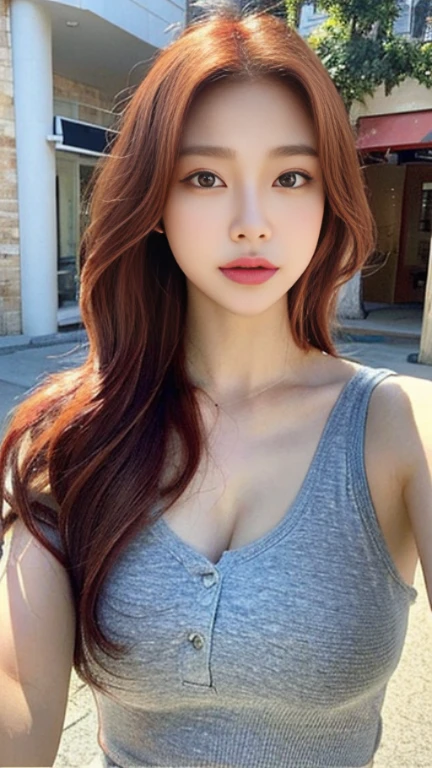 ((realistic lighting, best quality, 8 thousand, masterpiece:1.3)), sharp focus:1.2, 1 woman, Beautiful woman with perfect body:1.4, slim abs:1.1, ((red hair,))（Exterior，During the day：1.1），country street，ultra fine face，good eyes，double eyelid，Curly hair，With fair skin，，random colored clothes