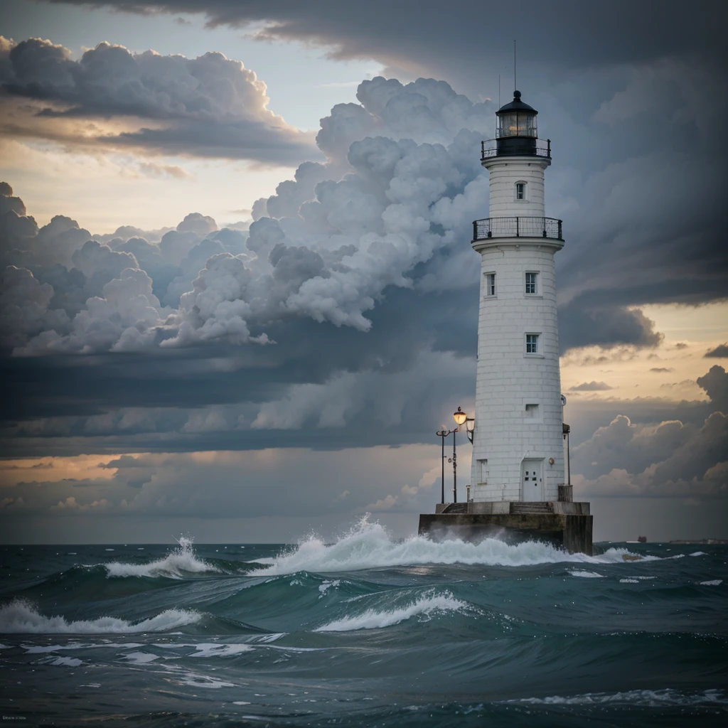 Lighthouse at sea in a storm