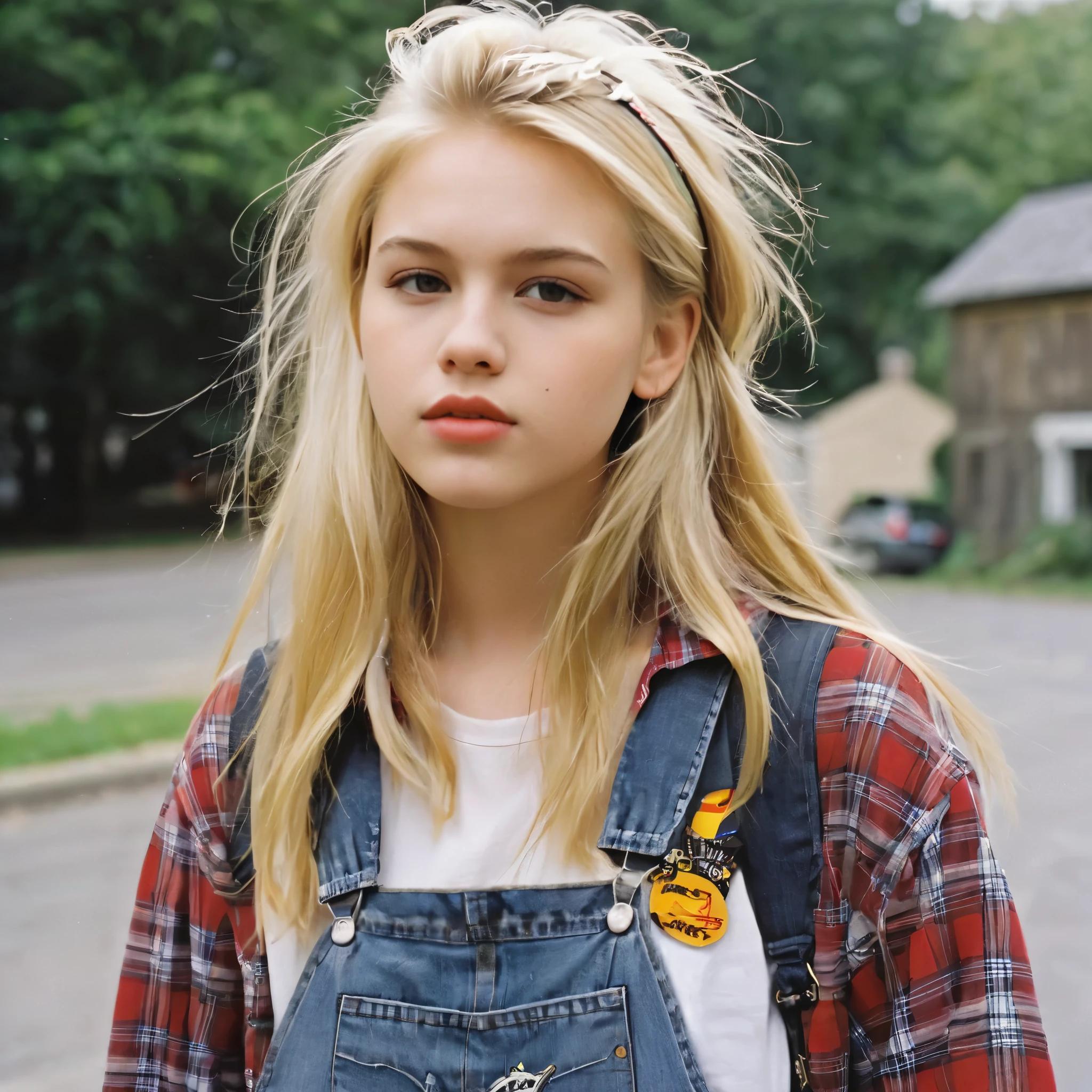 Gorgeous blonde hair girl wear ablend of grunge and preppy styles. Think flannel shirts paired with ripped jeans or overalls, Doc Martens boots, graphic tees, denim jackets, and backpacks adorned with patches. Layering was key, with slip dresses over t-shirts or cropped sweaters over high-waisted jeans. Hair accessories like scrunchies and butterfly clips were popular, along with minimal makeup