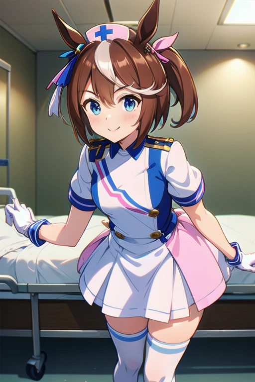 tokai_teio_\(umamusume\), TokaiTeio, 1girl, solo, nurse, nurse cap, white wear, ((white legwear, zettai ryouiki)), white gloves, pink lips, smile, standing, ((hospital room)), sharp outline, short sleeves, best quality, masterpiece