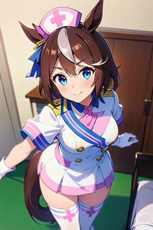 tokai_teio_\(umamusume\), TokaiTeio, 1girl, solo, nurse, nurse cap, white wear, ((white legwear, zettai ryouiki)), white gloves, pink lips, smile, standing, ((hospital room)), sharp outline, short sleeves, best quality, masterpiece