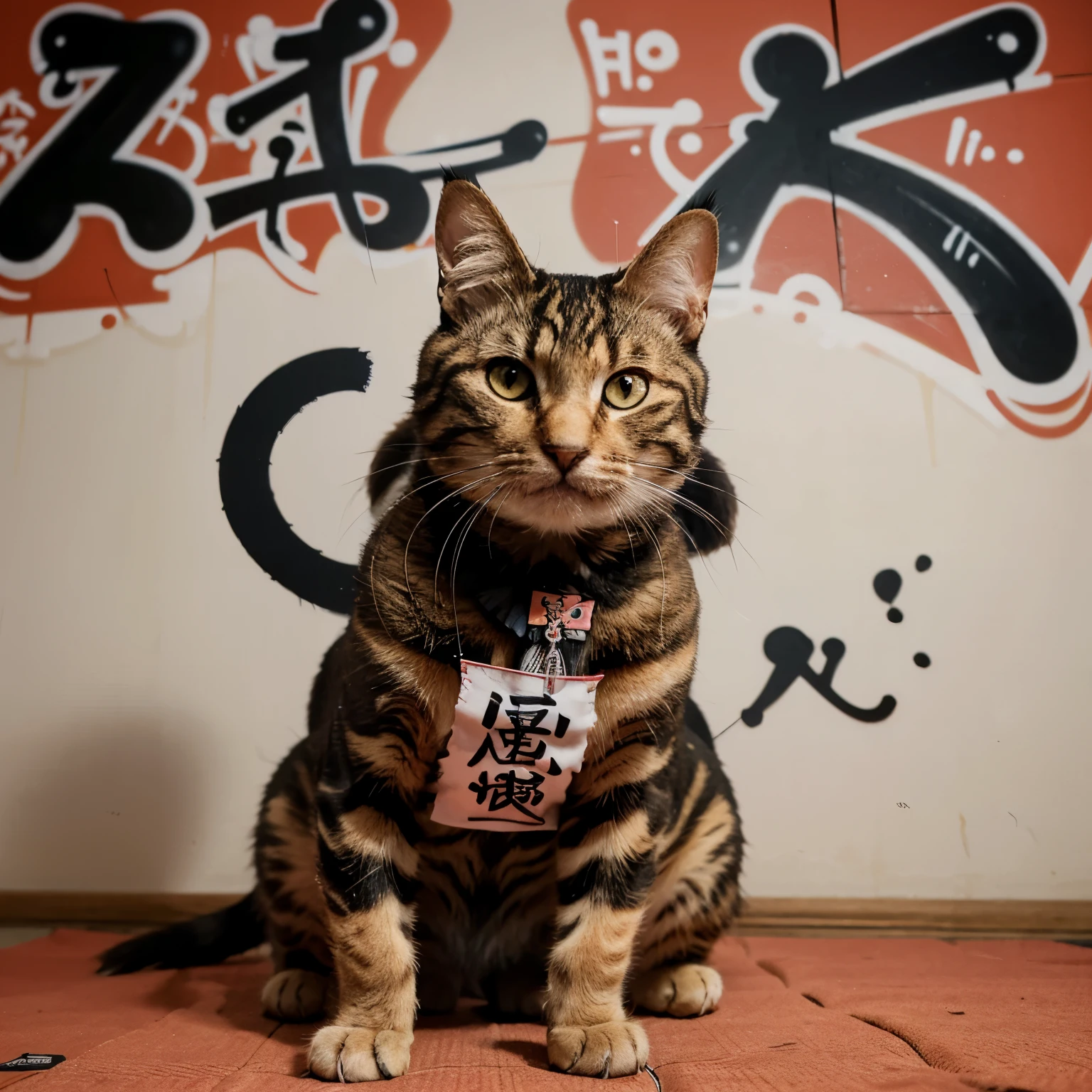A samurai tabby cat eating shushi and saying it big in graffiti style letters on the back @ser_gato
