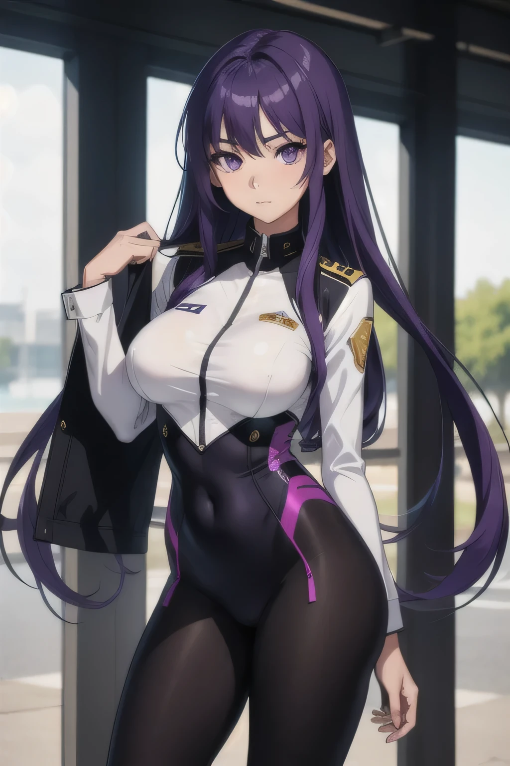 A girl with long straight purple hair and purple eyes with tan skin and full breasts standing straight facing the viewer in a  uniform, perfect,