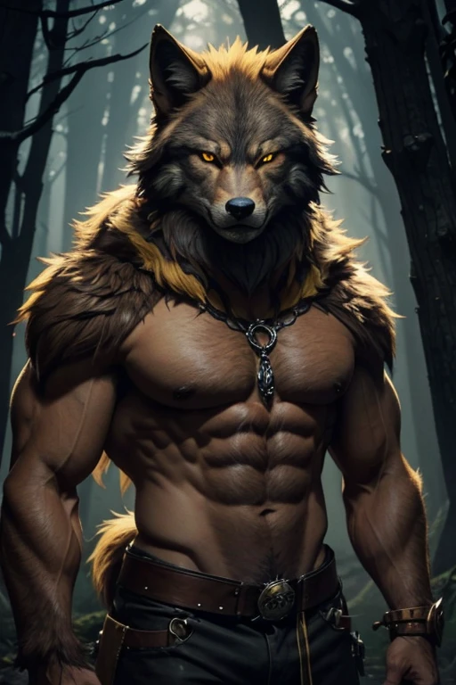 Lycanthrope with wolf face yellow brown fur muscular build looking straight at viewer forest with fog yellow eyes