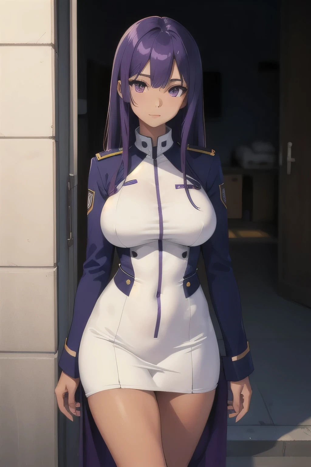 A girl with long straight purple hair and purple eyes with tan skin and full breasts standing straight facing the viewer in a  uniform, perfect,